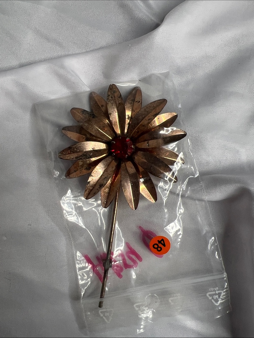 Vintage Copper-Tone Floral Stick Pin with Red Center
